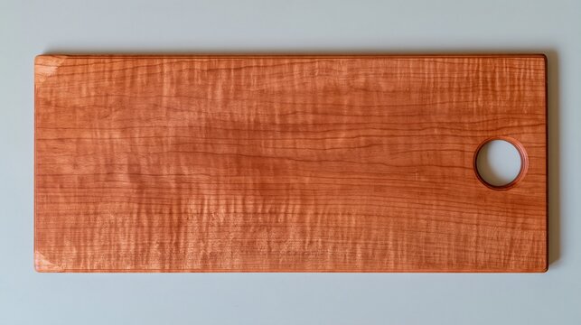 Handmade cherry wood cutting board with a smooth oiled surface and circular handle, crafted for kitchenware shops and recipe layouts