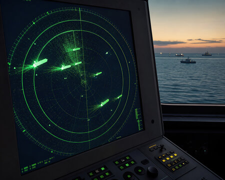 Maritime navigation radar monitor screen inside ship bridge with ocean vessel view at dusk stock image.