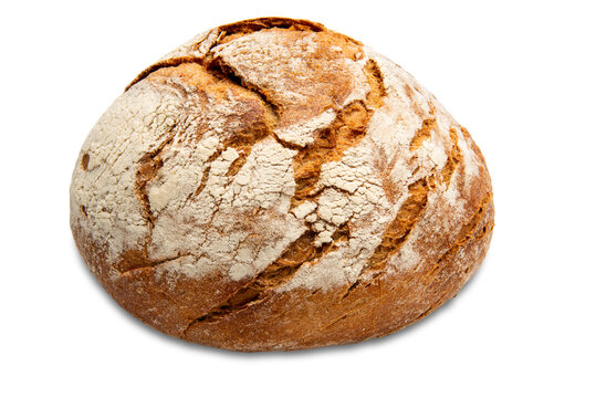 Fresh, crusty loaf of artisanal rustic sourdough bread with a flour-dusted golden crust, isolated. Perfect for bakery branding, healthy eating concepts