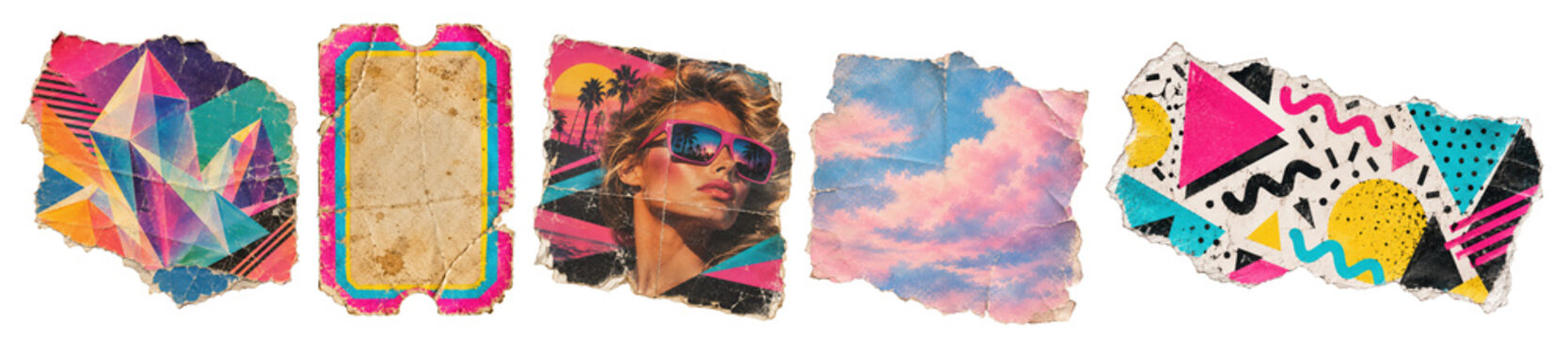 Torn vintage paper scraps printed with 1980s crystal shards, a blank ticket, a woman in sunglasses and pink clouds. Retro scrapbook elements
