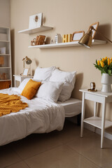 Home comfort and interior design, cozy bedroom with yellow accents and fresh flowers in a modern apartment for a relaxing lifestyle and home decor © Pixel-Shot