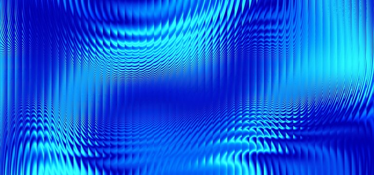 Abstract background with deep blue liquid metal glass waves, glossy reeded ribbed texture and smooth neon gradient flow, futuristic CGI render for tech design