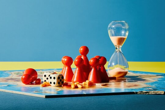 Board games pieces with red pawns and dice on a hexagonal map, featuring a glossy hourglass timer for family leisure and game night