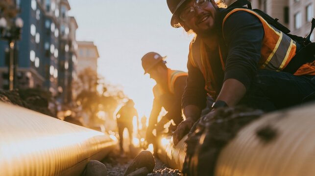 Underground cables and conduit pipes laid in a city street trench by construction workers for power grid and utility infrastructure