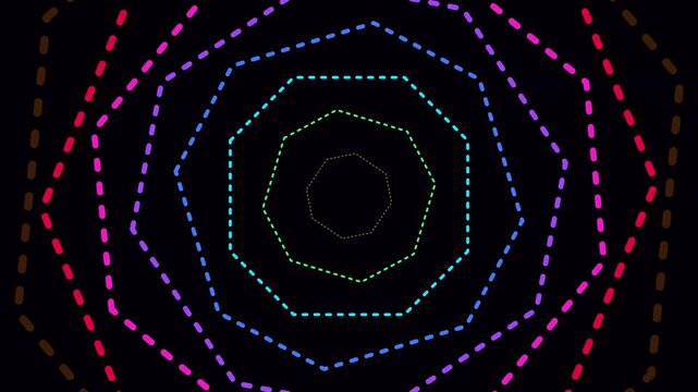 Colorful dashed neon lines moving in dynamic motion creating abstract digital tunnel video footage
