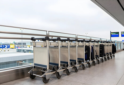 Travel logistics and airport operations, row of empty luggage carts waiting for passengers at a modern international terminal departure gate area