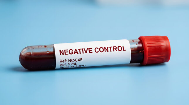 Blood sample in a test tube labeled negative control on a light blue surface