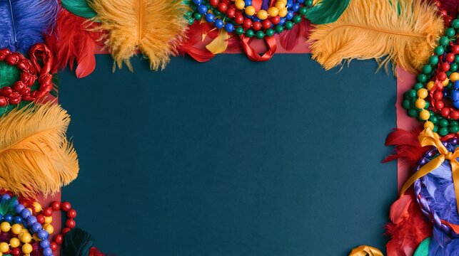 Carnival feather frame with colorful beads and ribbons, a lavish festive border on a dark surface for party invitations and copy space