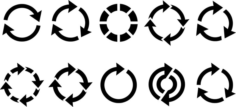 Black Circular Arrow Icons Set, Round Direction and Rotation Symbols, Editable Vector Collection