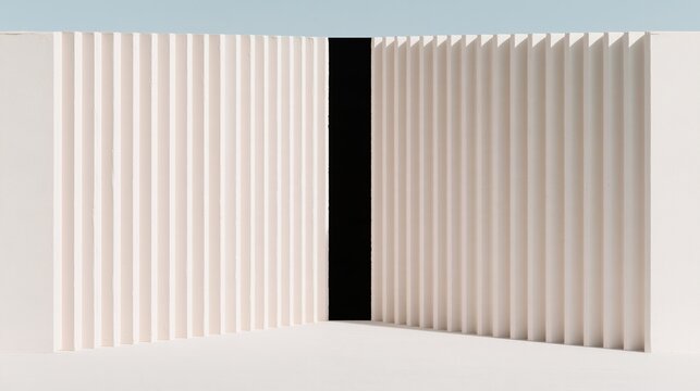 Abstract architecture corridor with beige vertical panels and a dark central gap, featuring a smooth polished floor for technology backdrops