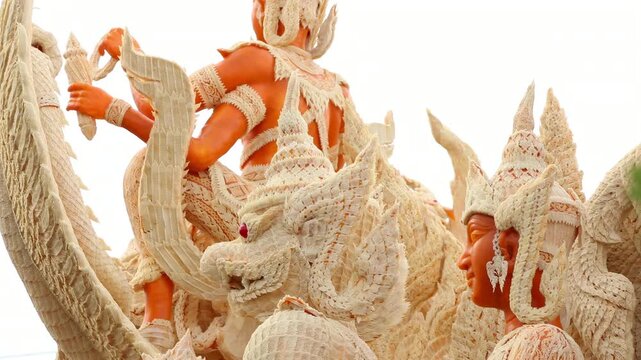 Beautifully carved wax float procession in Ubon Ratchathani Candle Festival, Thailand.