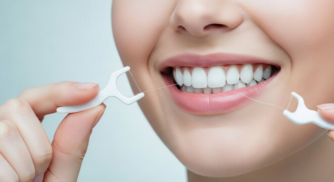 Close-up of a woman's smile as she uses dental floss to clean her teeth, symbolizing good oral hygiene and a healthy lifestyle
