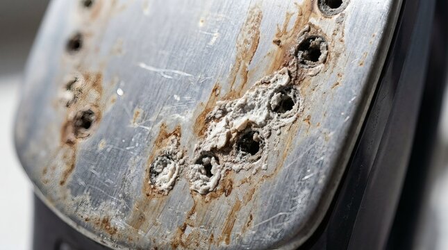 Close up of old dirty iron soleplate with limescale and rust