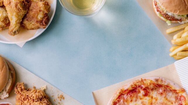 Takeout food including pizza, burgers, and fried chicken arranged on a blue textured table with central copy space for restaurant promotions