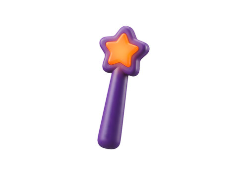3D magic wand icon with a purple handle and a glowing orange star shape isolated on a white background, representing fantasy, games, and UI elements