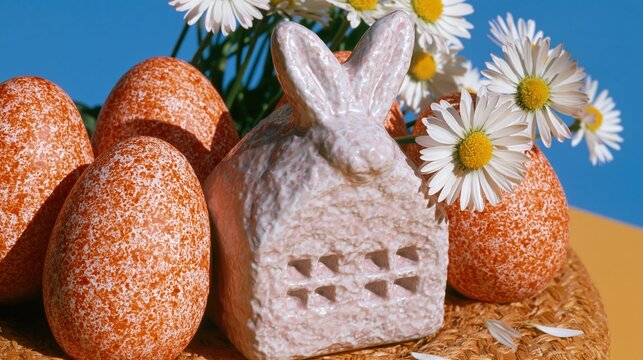 Miniature bunny house surrounded by speckled easter eggs and white daisies on a woven surface for spring holiday greeting designs