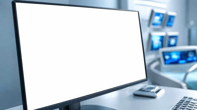 Blank white computer monitor displaying mockup screen inside modern professional high tech medical facility environment with desk within clinical