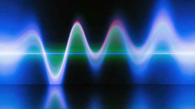 Luminous waveform with glowing neon curves rising over a dark reflective floor, an abstract audio visualization for music and nightlife promotions