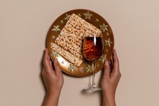 Flat lay composition of a passover seder plate with matzah bread and wine glass, glowing on a gold surface for seasonal celebration
