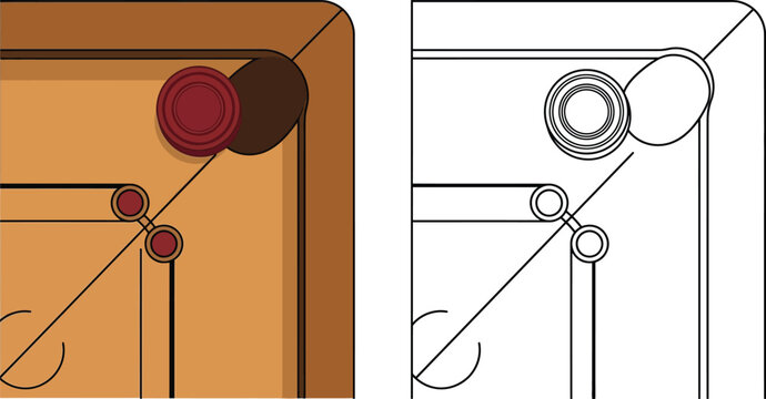 Carrom board game vector illustration, top view of wooden carrom corner with striker and coins, tabletop sports game flat design and line art