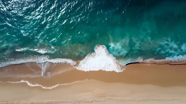 Aerial Ocean Wave Washing Across Sandy Beach with Turquoise Water and White Foam