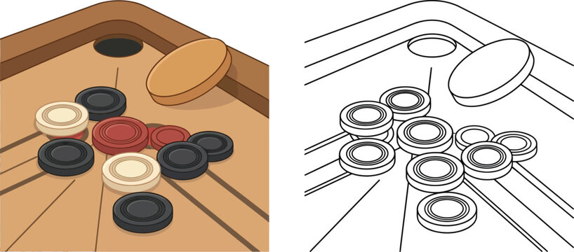 Traditional carrom board game with wooden striker and coins, flat vector illustration and line art set, tabletop strike and pocket game elements