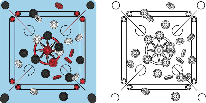 Carrom board game vector illustration, top view of traditional tabletop strike and pocket game, flat blue carrom board with black and red coins