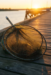 Fototapeta premium Fishing and leisure activity landing net on wooden pier at sunset outdoor recreation and hobby maritime lifestyle and travel concept by the waterside