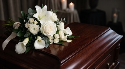 Obraz premium Close up of elegant pristine white lilies and roses resting softly on a polished dark mahogany wooden coffin