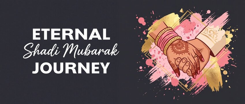 Shadi Mubarak Indian wedding banner featuring bride and groom holding hands with mehendi henna art, gold foil pink watercolor splash, romantic South Asian marriage greeting background layout design.