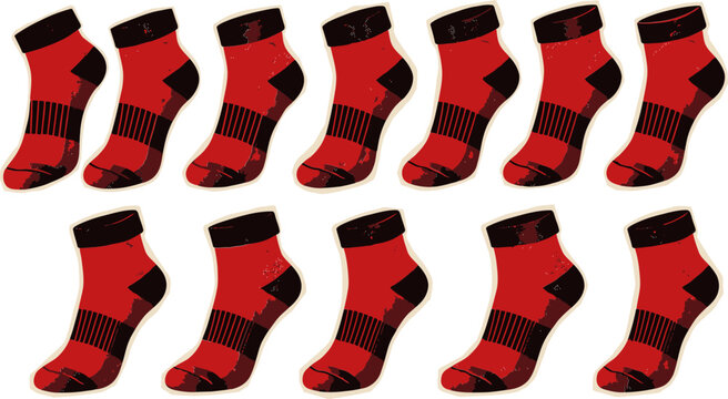Red athletic socks vector illustration set, red and black sports ankle socks collection, athletic footwear accessories clipart