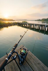 Fototapeta premium Fishing and outdoor recreation, spinning rod with reel on wooden pier at sunset for leisure activity and travel lifestyle in nature by the calm lake