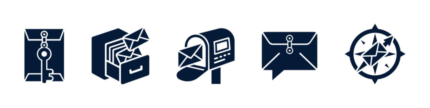 Mailing icon set with envelope key, mail archive drawer, mailbox, message bubble, and mail compass
