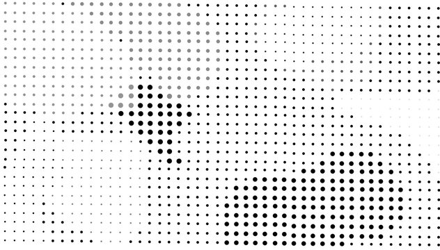 Abstract gray halftone dot pattern with scattered dark clusters on white background