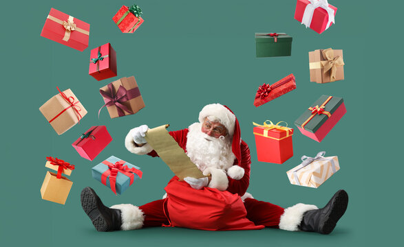 Santa Claus sitting with gift list and floating presents