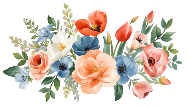 Watercolor floral illustration - flower crest with bright peach color, white, pink, blue flowers, rose, peony, poppy, tulips, sweet pea