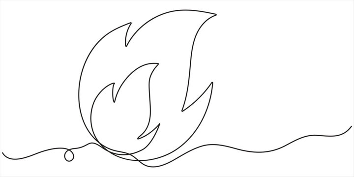 Continuous one line art drawing of fire flame, minimalist bonfire outline vector illustration on white background. 
