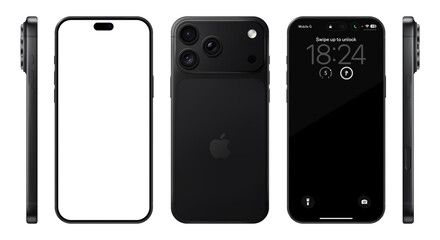 Fototapeta premium Photorealistic detailed New Apple iPhone 18 Pro Max Black mockup. Front, side and rear view on isolated on transparent background. Vector editorial illustration png