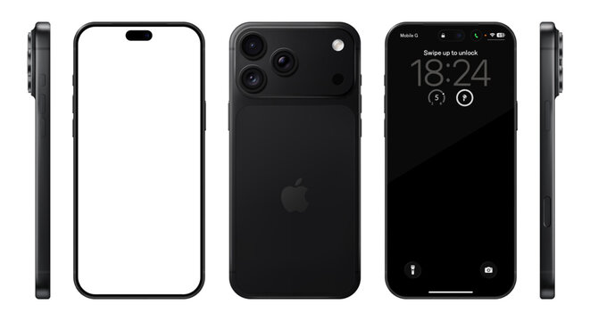Photorealistic detailed New Apple iPhone 18 Pro Max Black mockup. Front, side and rear view on isolated on transparent background. Vector editorial illustration png