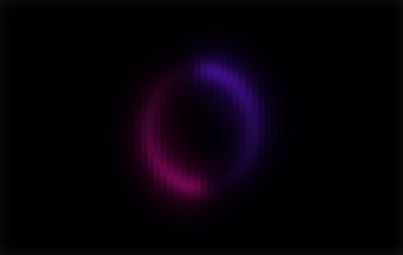 Blurred glowing purple and pink oval ring on pure black background, soft neon light halo effect for abstract wallpaper and overlay design