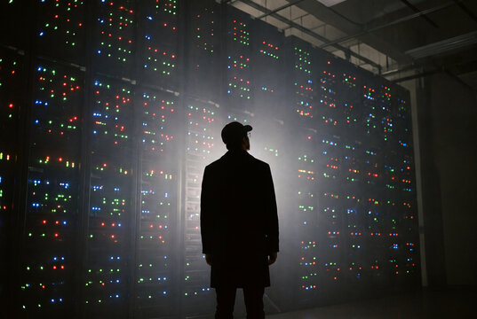 Server Room Vigil: A lone figure stands silhouetted against a massive wall of glowing server racks, a solitary observer in a vast digital landscape.