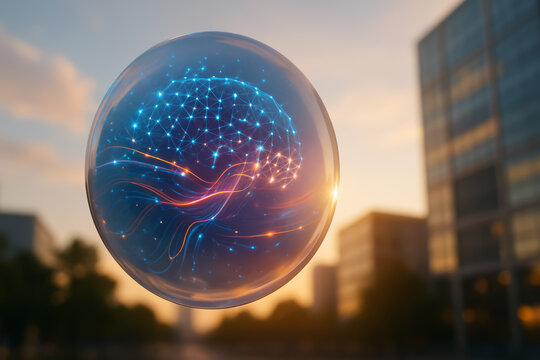 Glowing neural network enclosed in a transparent floating sphere