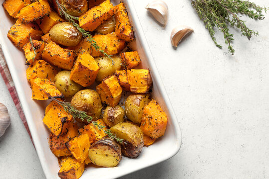 Autumn meal: oven roasted seasonal vegetables with garlic and herbs