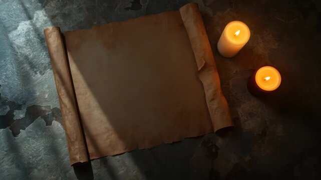 Antique Parchment Scroll and Glowing Candle on Dark Stone Surface Still Life