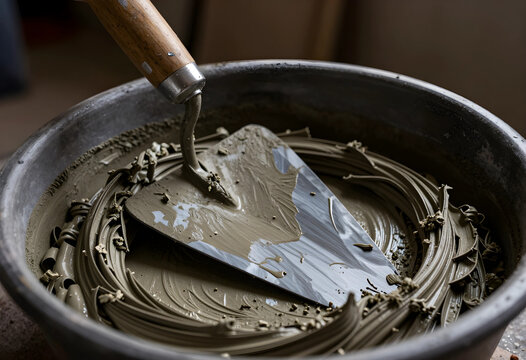 Construction and home renovation, metal trowel mixing wet cement mortar in a plastic bucket for masonry work and building repair on a construction site