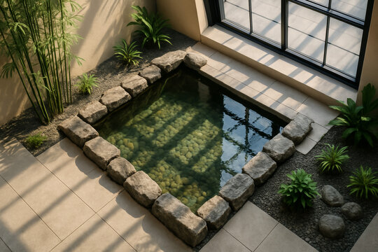 Square indoor pond bordered by stones and lush plants