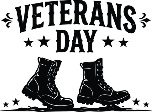 Black and white veterans day illustration featuring military combat boots and decorative stars for patriotic holiday design