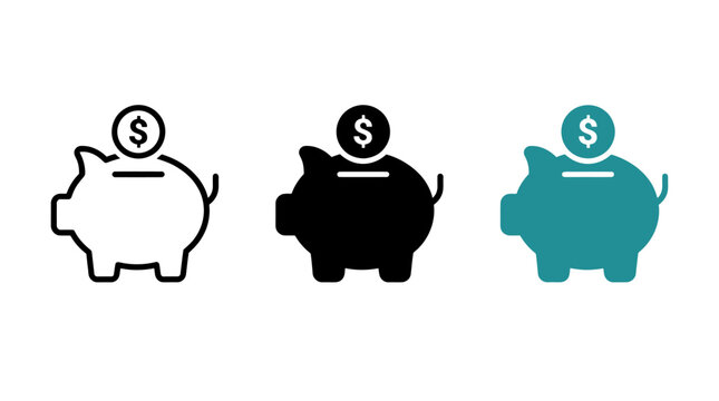 Set of piggy bank icons in line solid and colored styles