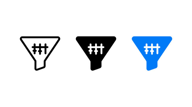 Set of three funnel filter icons in outline black and blue