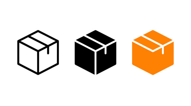 Simple cardboard shipping box icon in outline and solid orange